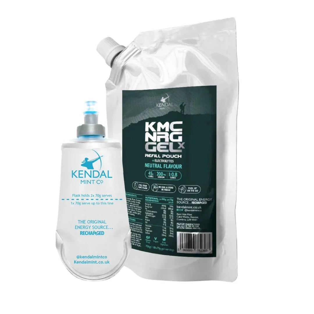 1. KMC Gel X NRG Refill Gel | 150ml Flask | Unflavoured Energy Gel | Flavour Fatigue | 45G Carbs | 200mg Sodium | High Carb Energy Gel | Running, Marathons, Cycling | Kendal Mint Co