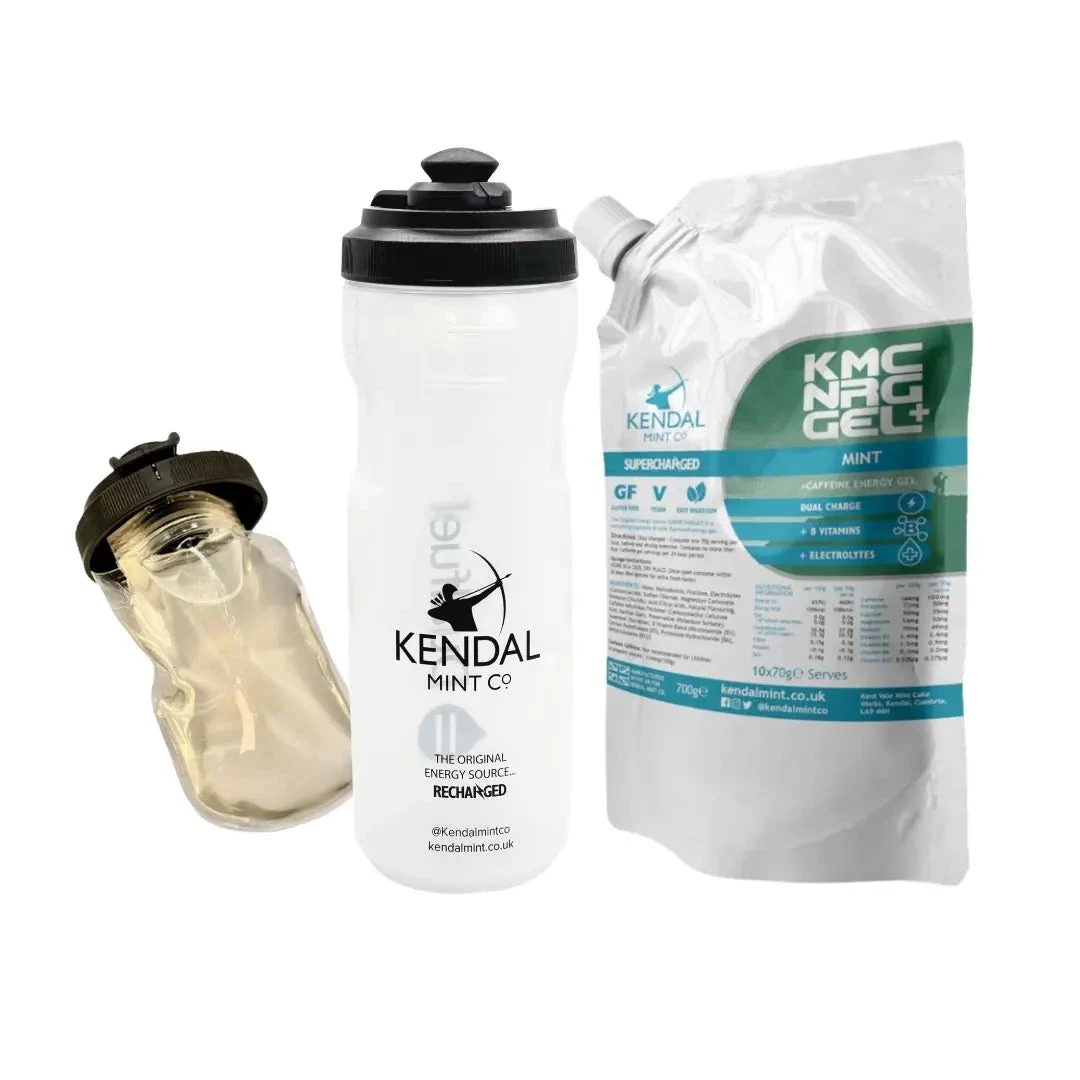 1. KMC NRG GEL+ Refillable & Squeeasy Bottle Bundle - Mint Caffeine | 10 x 70g | - Ideal for Running, Cycling, Swimming, Triathlons, & Marathons