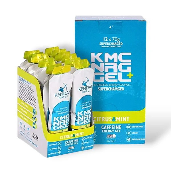 1. KMC NRG GEL+ Citrus & Mint Isotonic Caffeine Energy Gel | 12 x 70g | Ideal for Running, Cycling, Swimming, Triathlons, & Marathons
