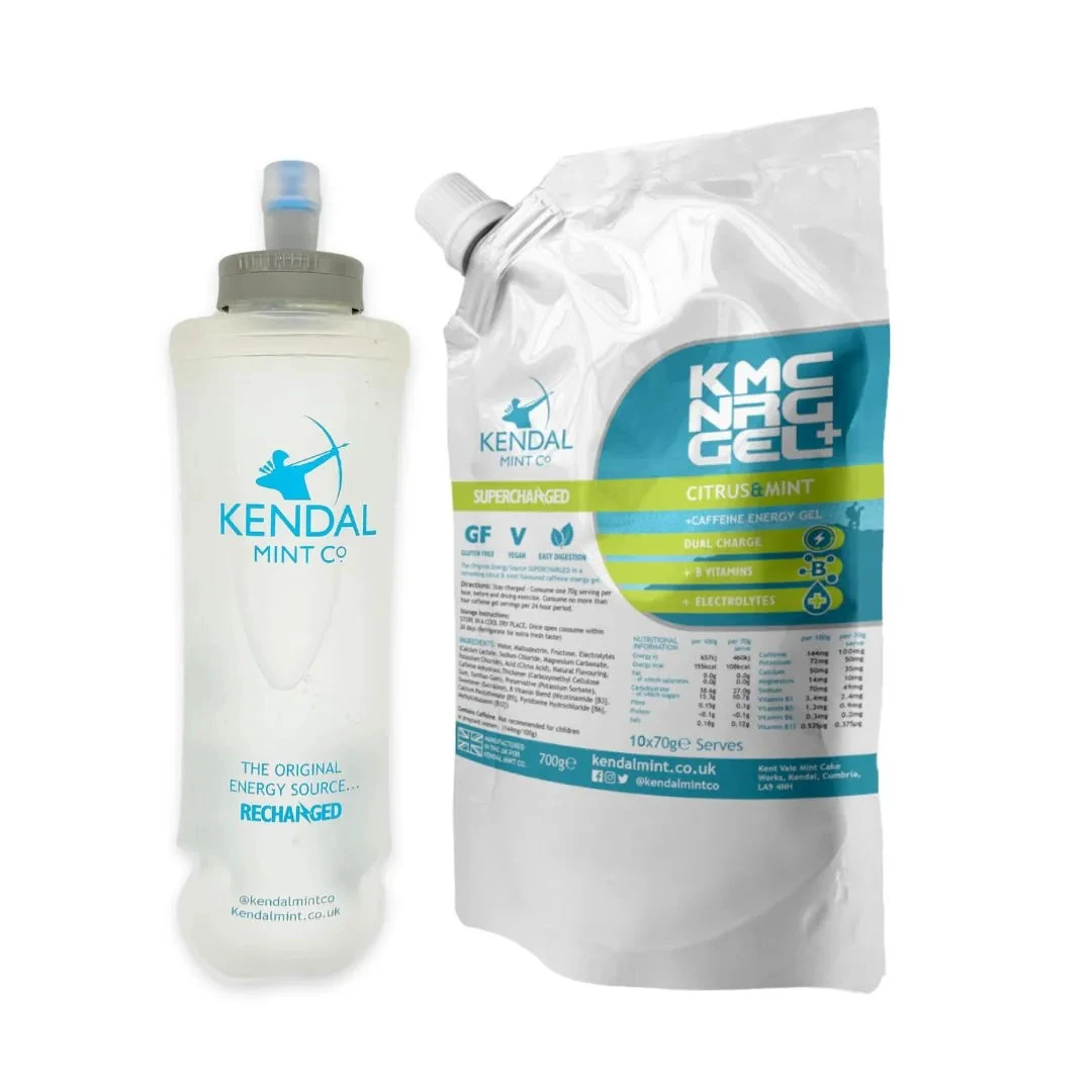 1. KMC NRG Caffeine Refill Energy Gel Citrus & Mint 10 x 70g | Bundle: Gel Refill Pouch & 500ml Flask Ideal for Running, Cycling, Triathlons