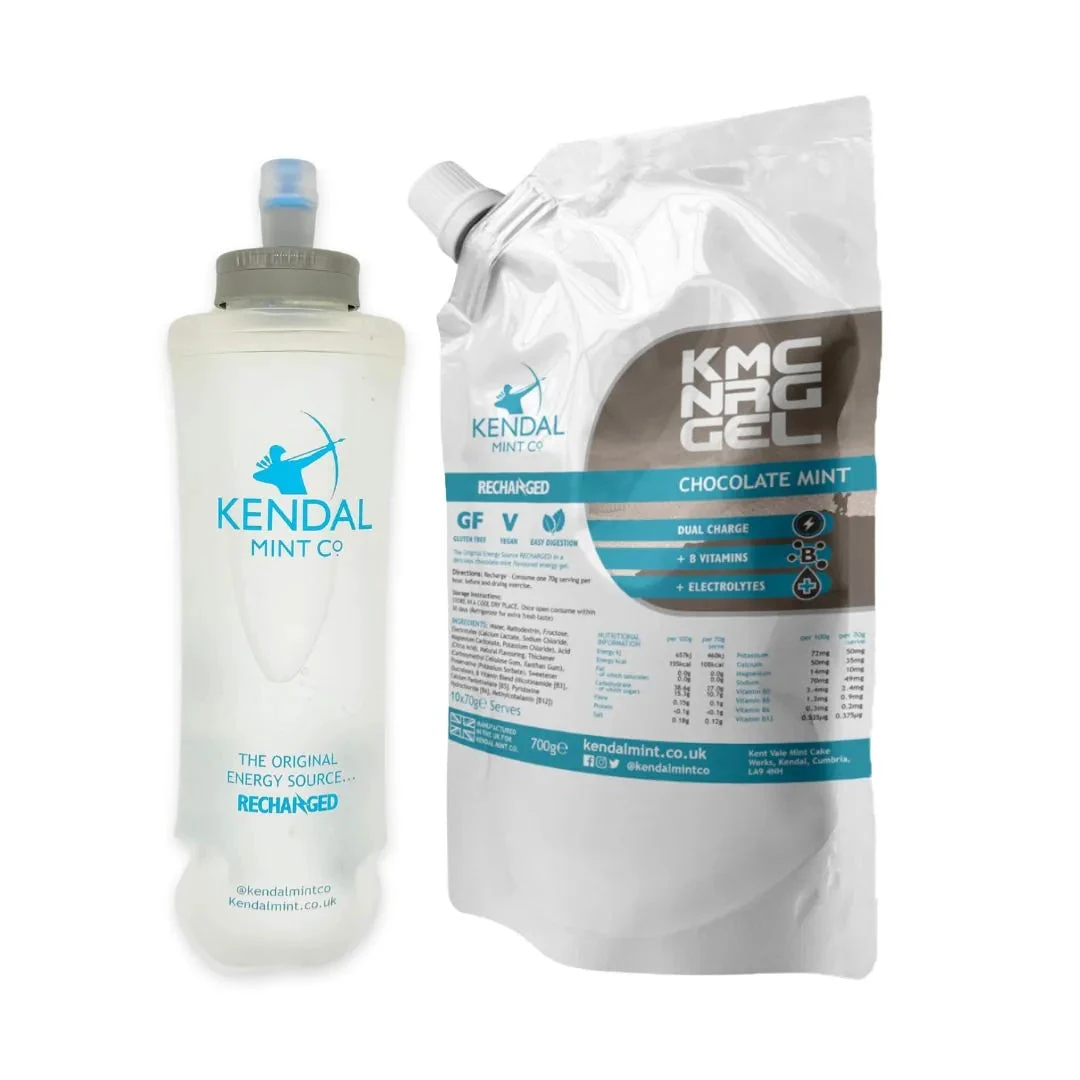 1. KMC NRG Caffeine-Free Chocolate & Mint Refill Energy Gel 10 x 70g | Bundle: Gel Refill Pouch & 500ml Flask Ideal for Running, Cycling, Triathlons & Marath