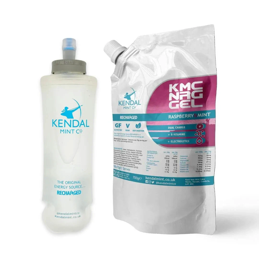 1. KMC NRG Caffeine-Free Raspberry & Mint Refill Energy Gel 10 x 70g | Bundle: Gel Refill Pouch & 500ml Flask Ideal for Running, Cycling, Triathlons, & Marathons