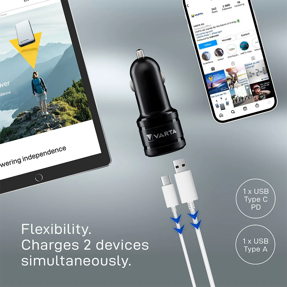 6. Varta - incarcator masina Car Charger Dual USB Fast 30W - mufa USB-C + mufa USB-A