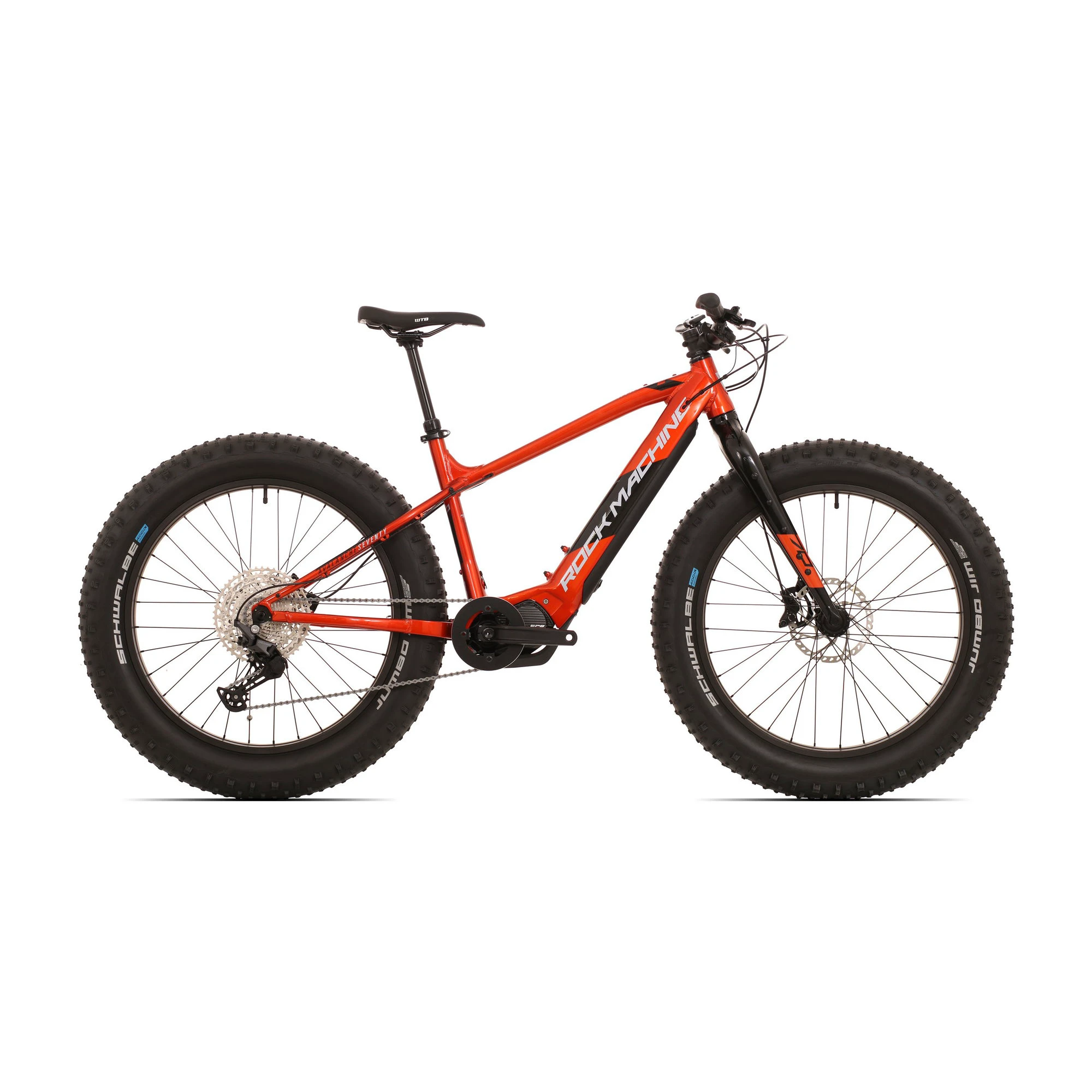 1. Rock Machine Avalanche e70-26 - bicicleta electrica Fatbike - portocalie-argintiu