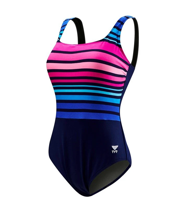 1. TYR - costum inot femei Ombre stripe aqua controlfit - albastru navy roz mov