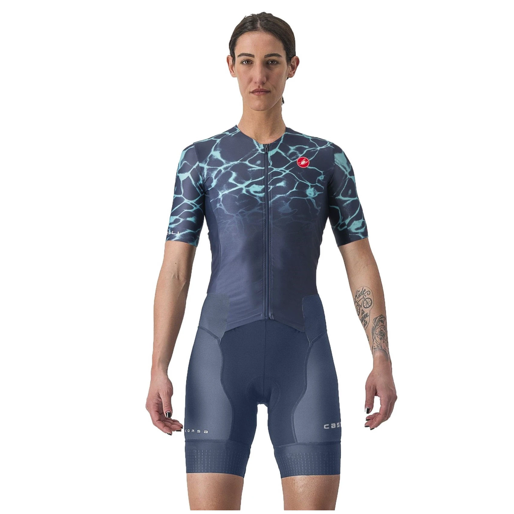 1. Castelli - costum trisuit triatlon pentru femei, maneca scurta Free Sanremo SS Suit - indigo belgian turcoaz