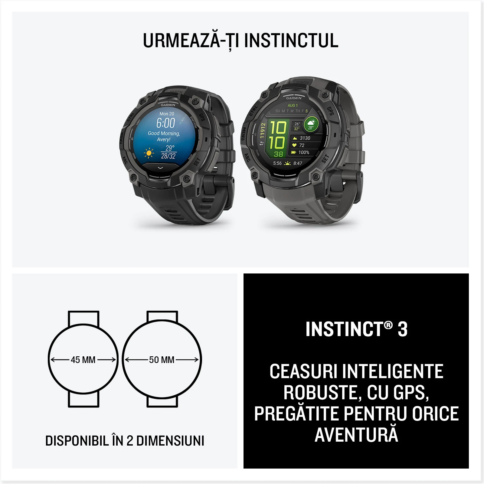 13. Garmin INSTINCT 3 - 45 mm AMOLED negru - smartwatch robust cu GPS
