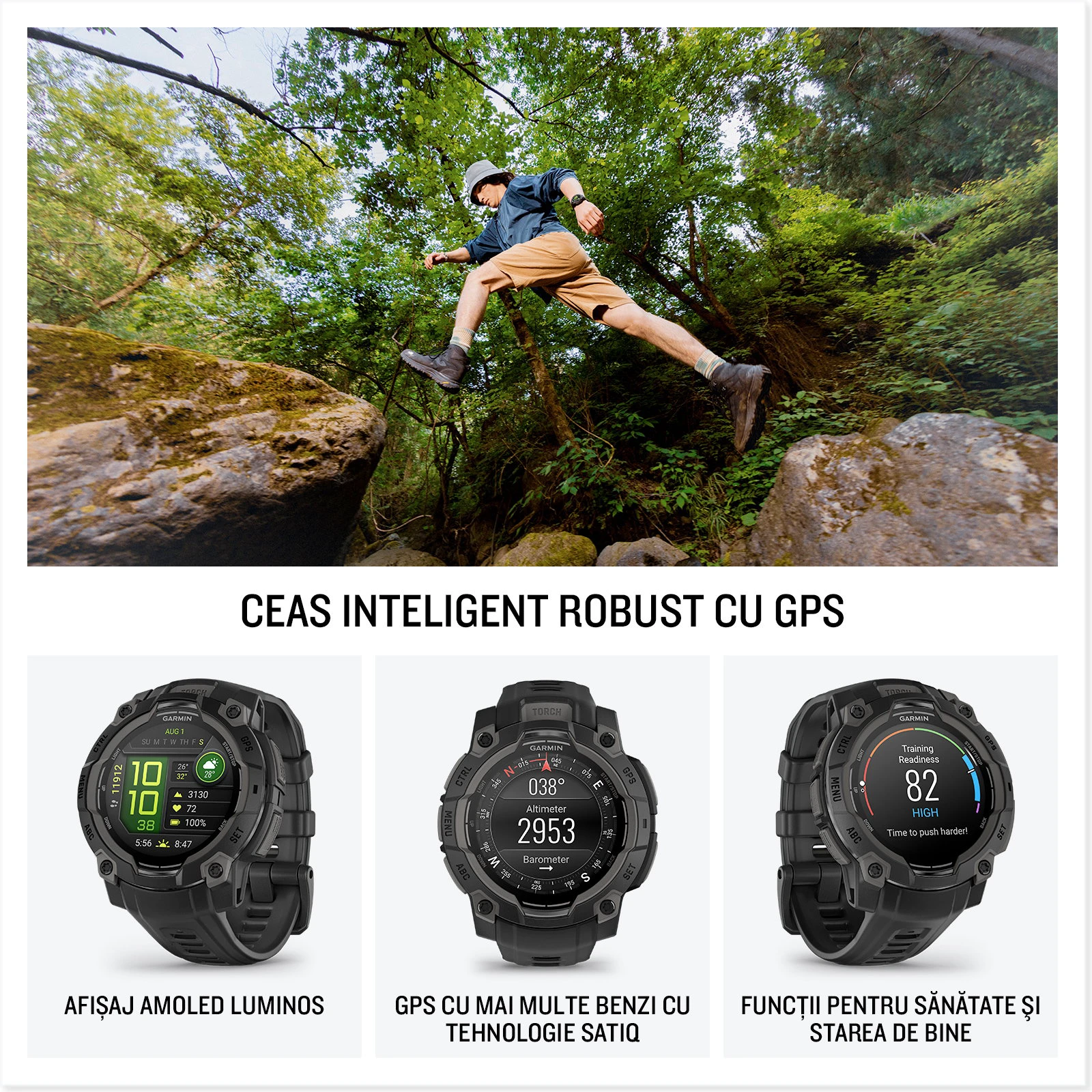 8. Garmin INSTINCT 3 - 45 mm AMOLED negru - smartwatch robust cu GPS