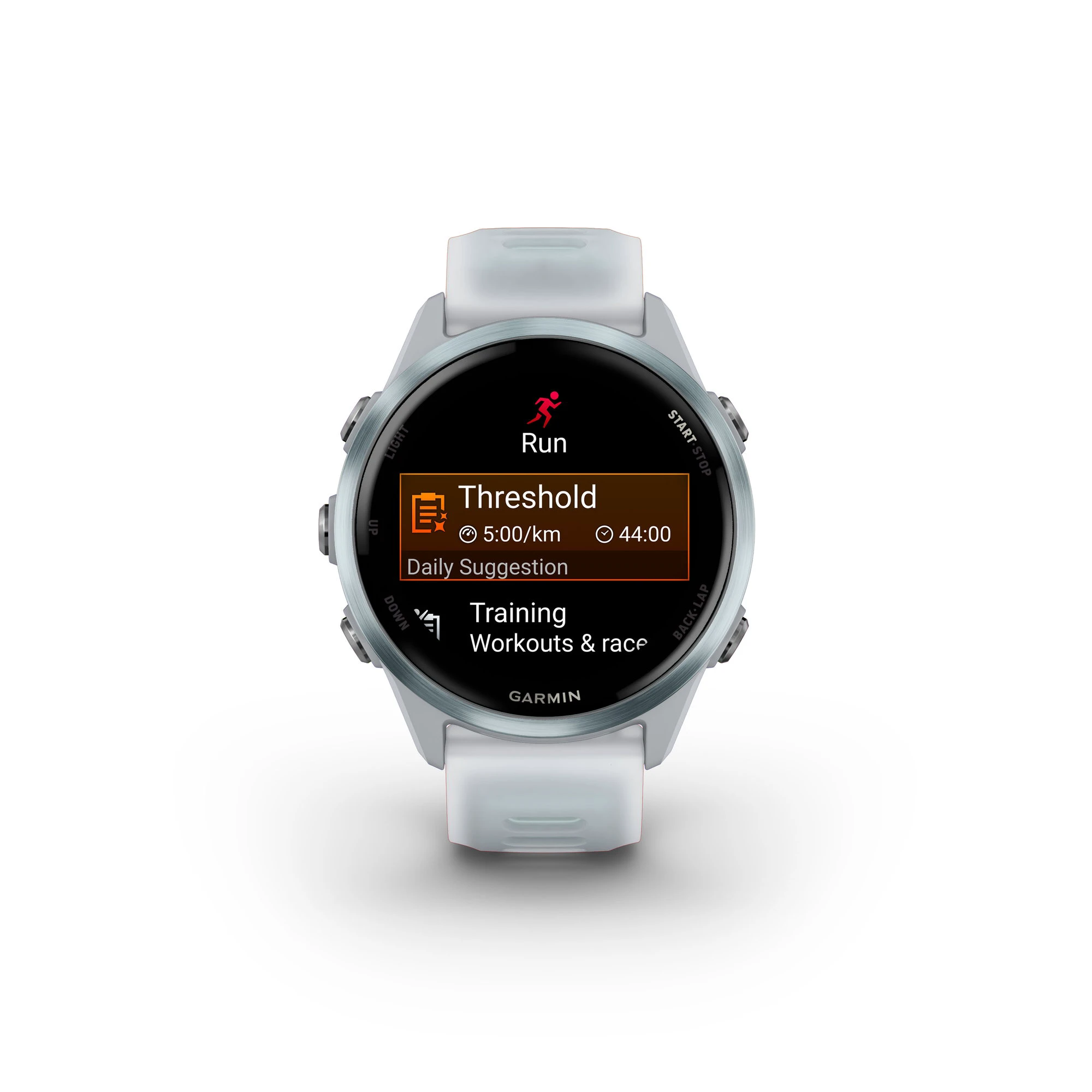 1. Garmin Forerunner 570 - 42 mm - ceas multisport cu GPS si AMOLED - alb Cloud Blue Aluminium with Translucent Whitestone | Cloud Blue Band