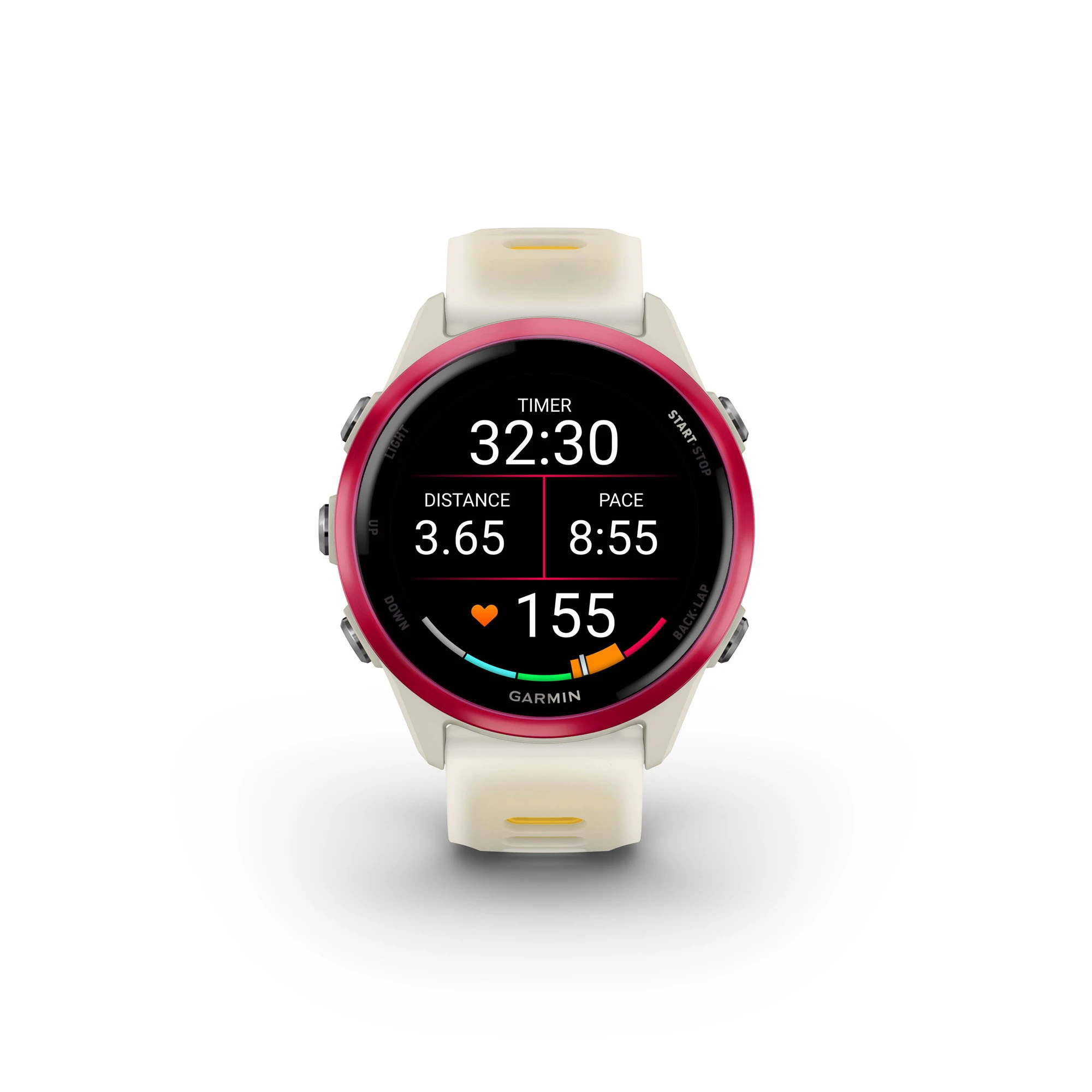 1. Garmin Forerunner 570 - 42 mm - ceas multisport cu GPS si AMOLED - alb mango roz Raspberry Aluminium with Translucent Bone | Mango Band