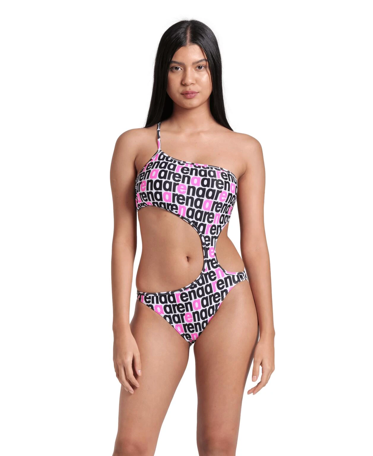 1. Arena - costum inot femei intreg - Logotype Swimsuit Single Shoulder - White Multi-Black