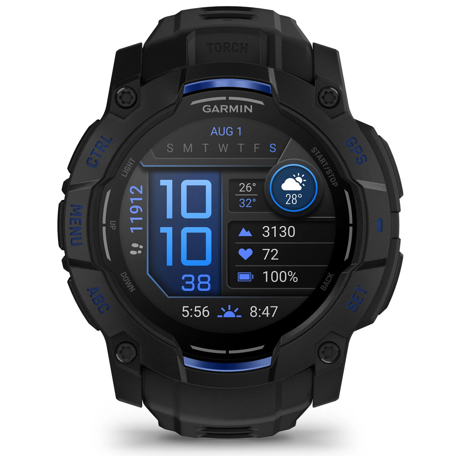 1. Garmin INSTINCT 3 - 50 mm AMOLED - Whitestone cu curea neagră / albastru intens - smartwatch robust cu GPS