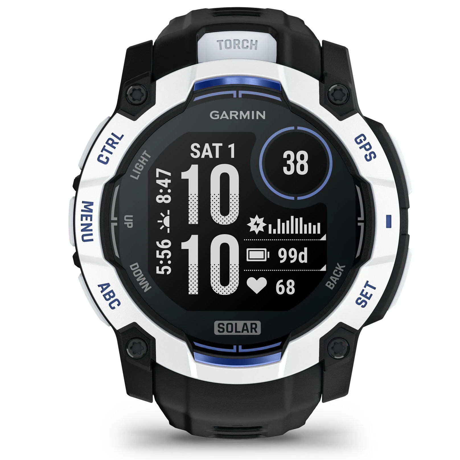 1. Garmin INSTINCT 3 - 50 mm Solar - Whitestone cu curea neagră/albastru intens - smartwatch robust cu GPS