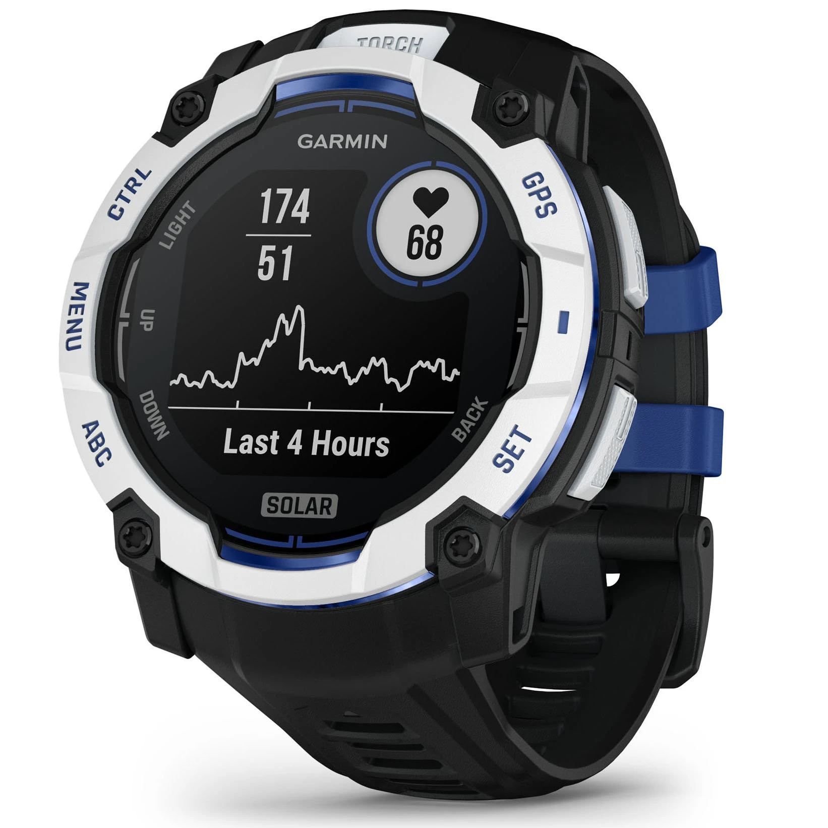 3. Garmin INSTINCT 3 - 50 mm Solar - Whitestone cu curea neagră/albastru intens - smartwatch robust cu GPS