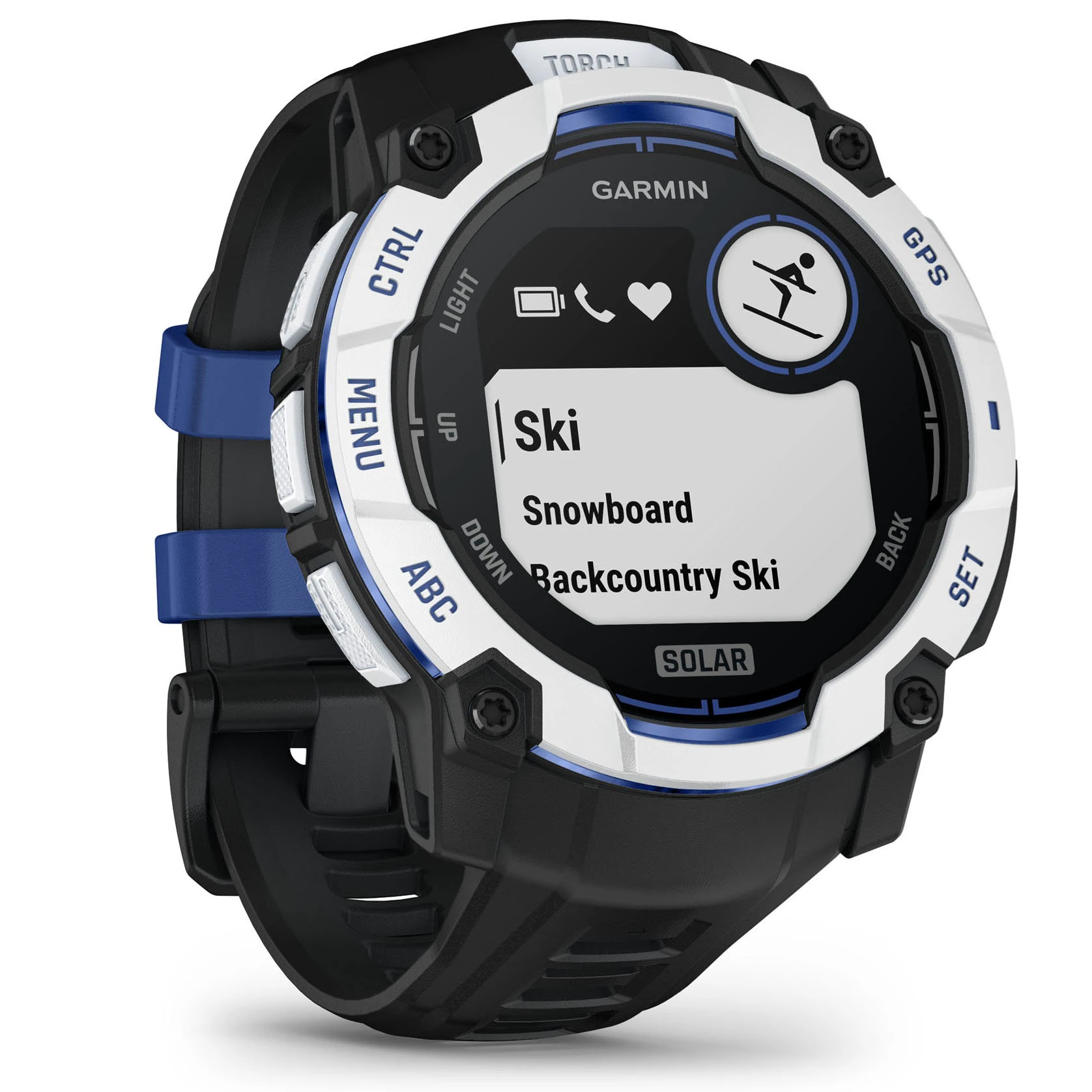4. Garmin INSTINCT 3 - 50 mm Solar - Whitestone cu curea neagră/albastru intens - smartwatch robust cu GPS