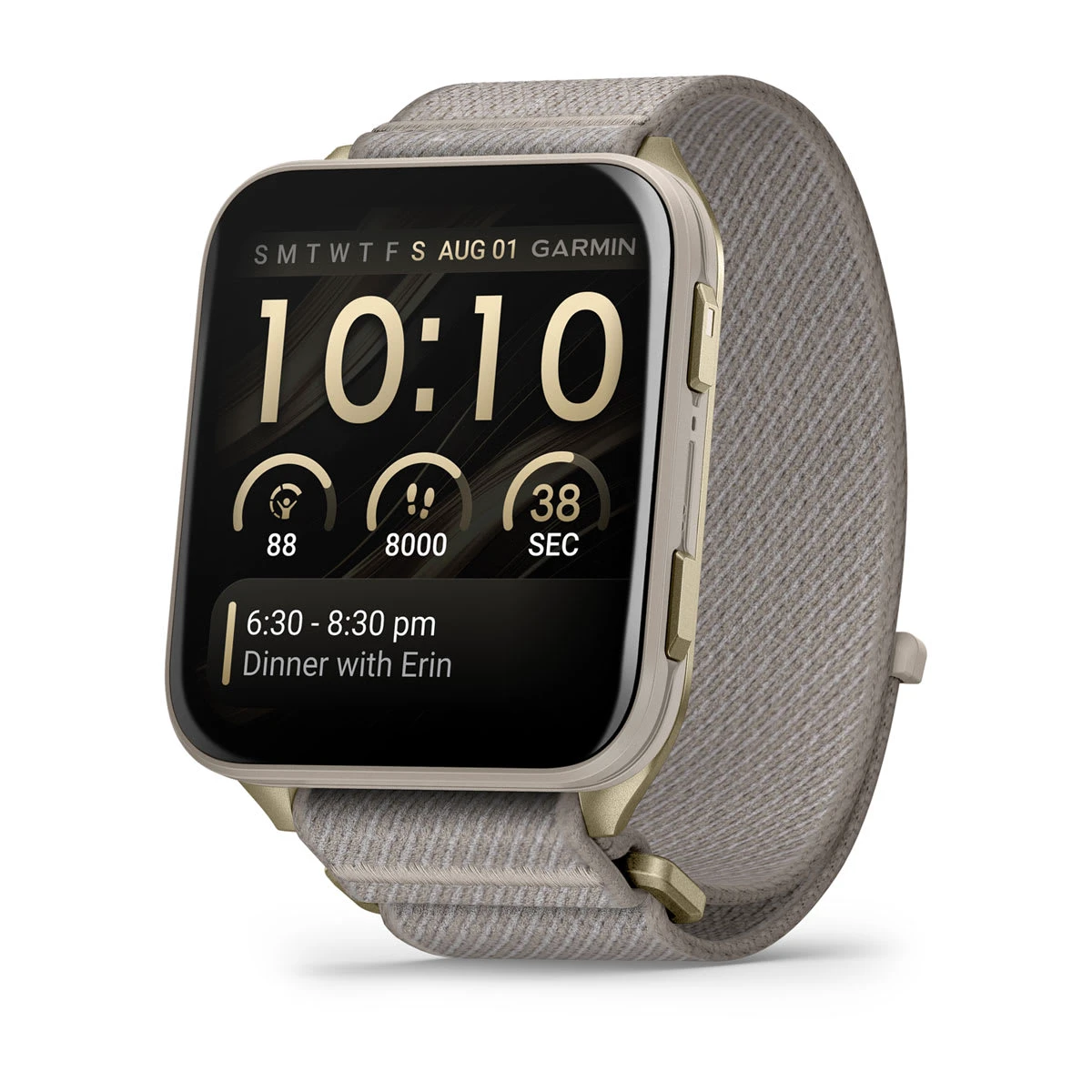 1. Garmin Venu X1 | Soft Gold cu spate din titan și curea din nailon French Gray