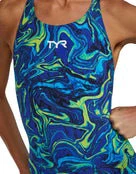 7. Costum înot întreg femei TYR Thresher Open Back - albastru/verde