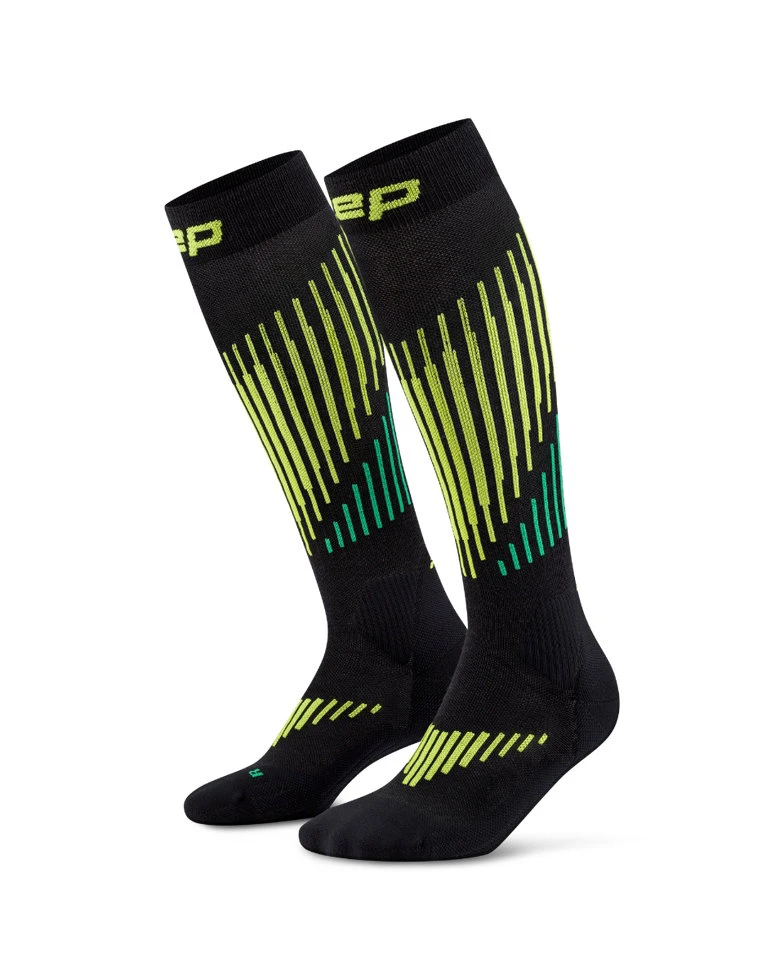 3. Șosete compresie înalte CEP Core Run Merino 3.0 - negru/lime | alergare iarnă