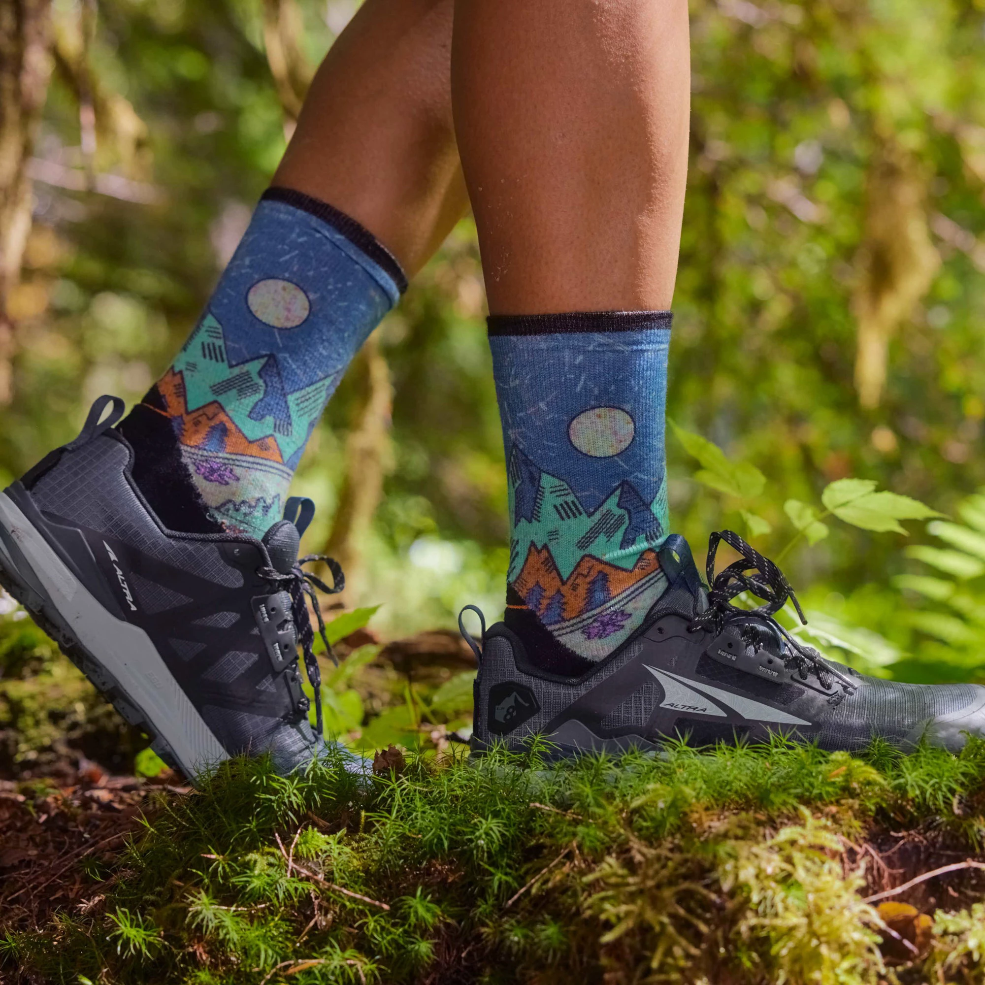 2. Șosete Merino alergare trail Smartwool Trail Run Mountain Print - albastru Twilight Blue | Crew | Targeted Cushion