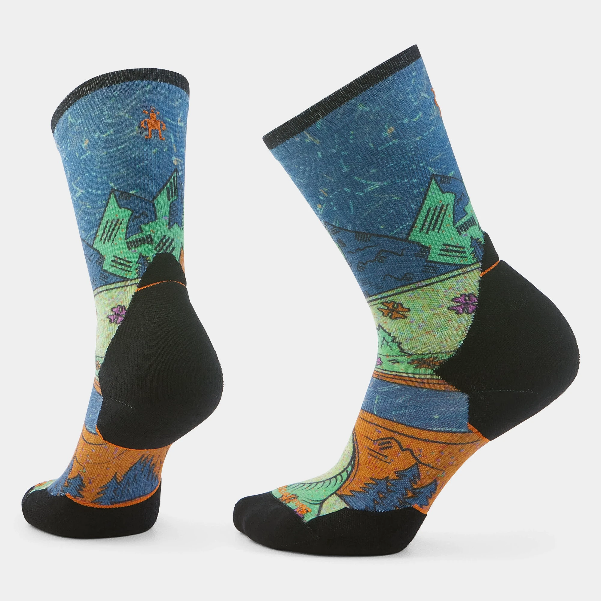 1. Șosete Merino alergare trail Smartwool Trail Run Mountain Print - albastru Twilight Blue | Crew | Targeted Cushion