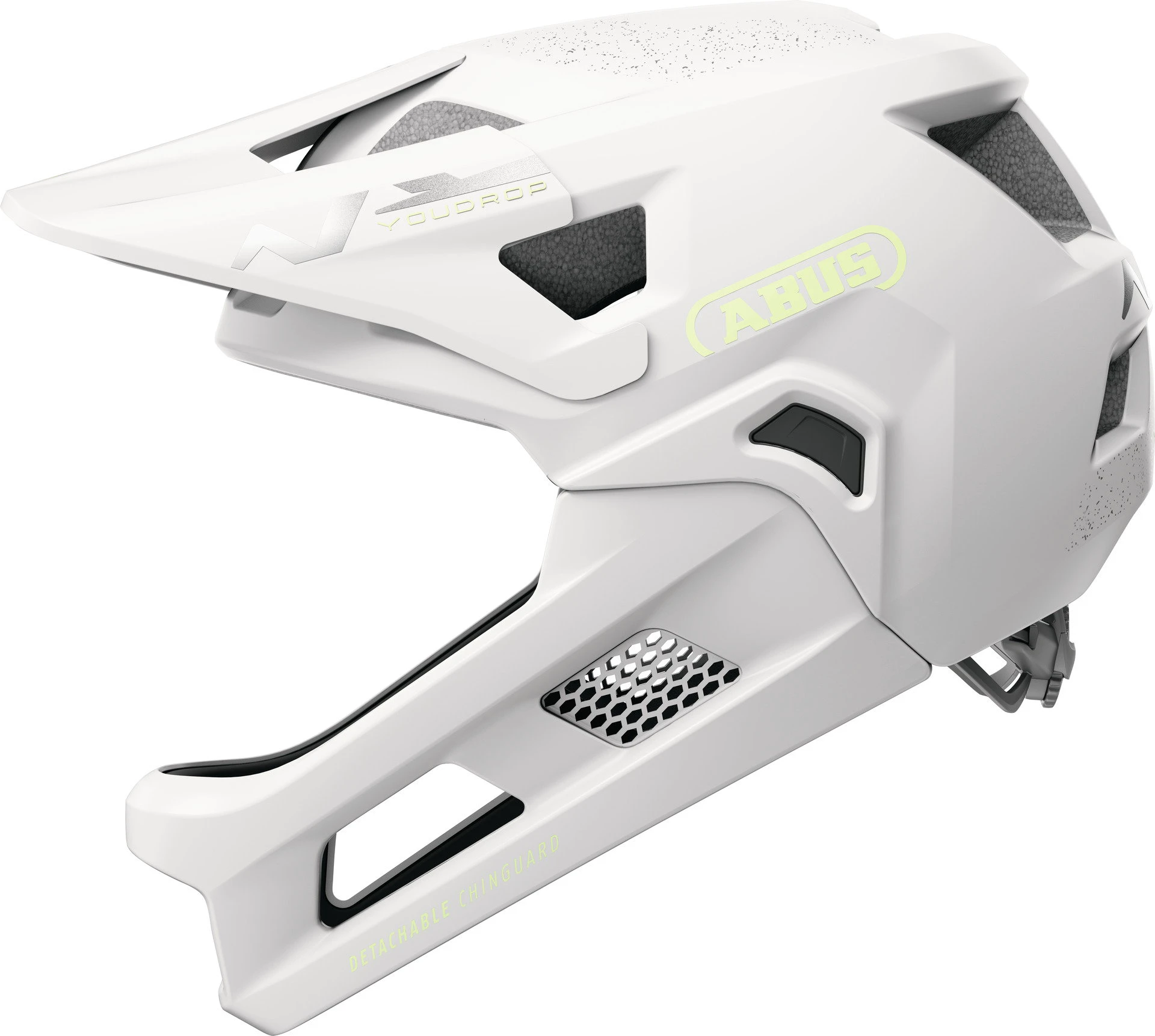 1. Cască copii MTB full-face Abus YouDrop FF - alb cu accente lămâie