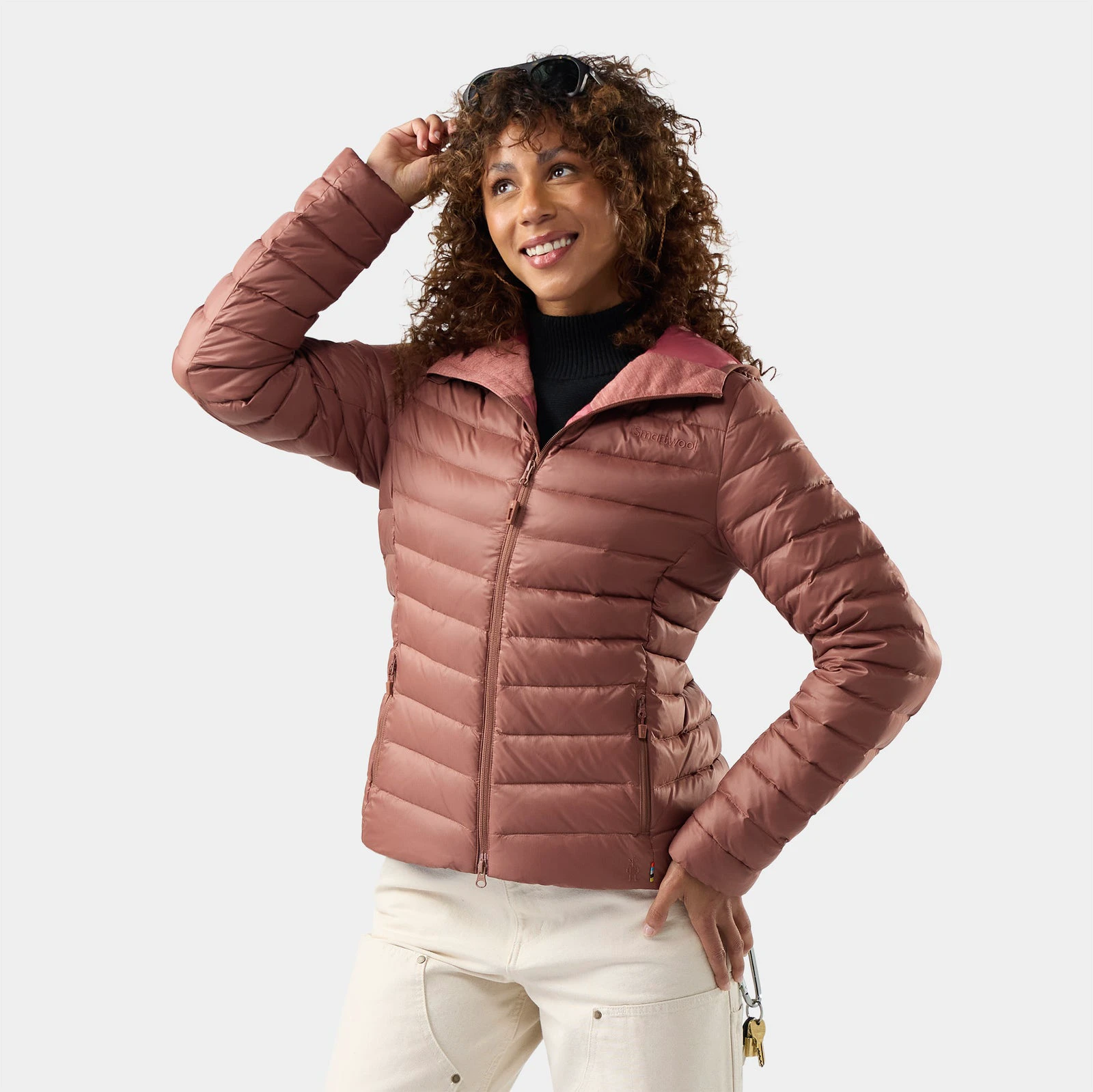 1. Geacă cu glugă Smartwool Winterloft Hooded - maro Mocha | puf & Merino, mărime M