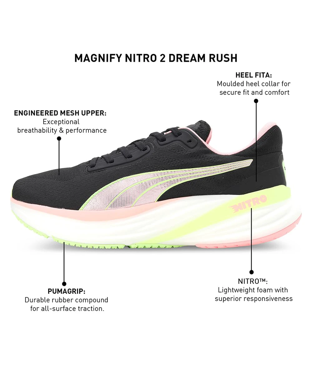 9. Puma - pantofi alergare pentru femei Magnify Nitro 2 Dream Rush shoes - negru coral alb verde deschis Speed
