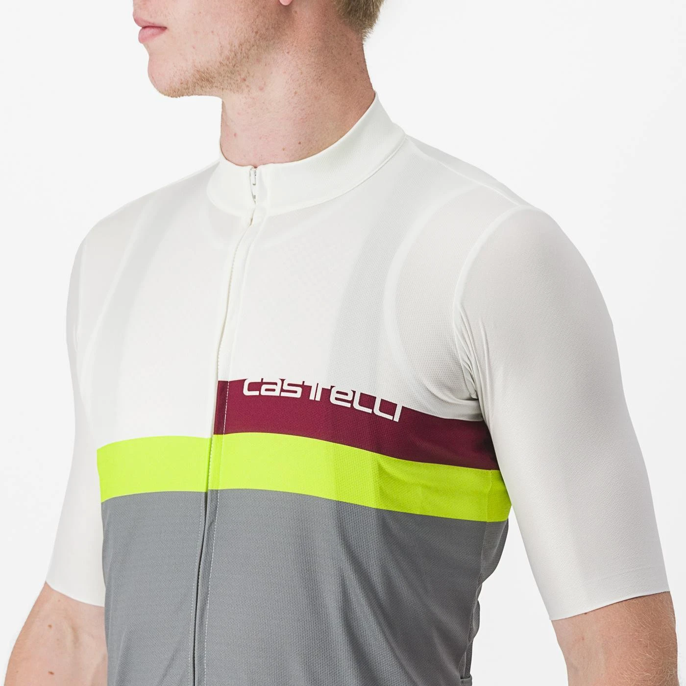 4. Tricou cu maneca scurta Castelli A Blocco Alb/Gri/Galben Fluo/Visiniu