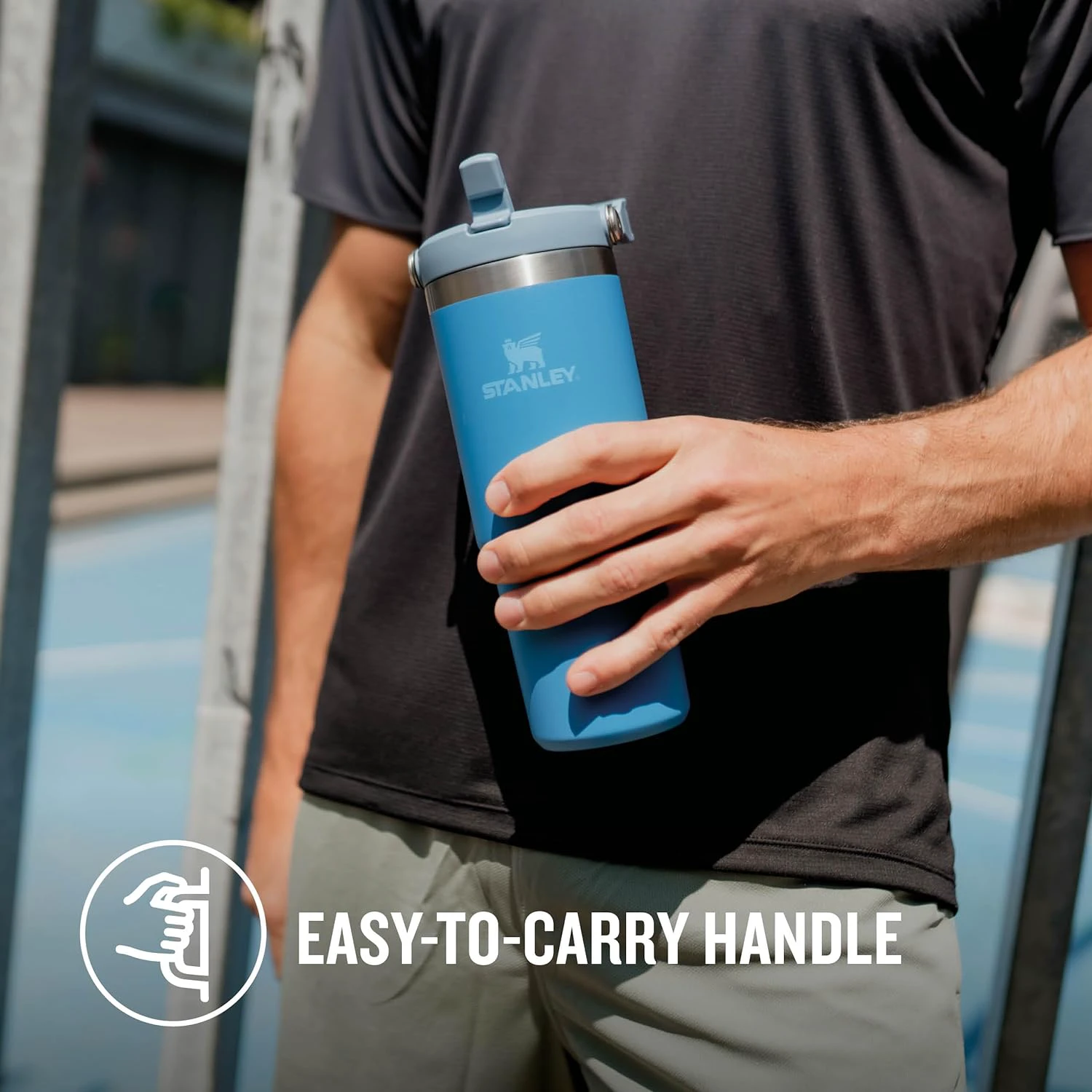 6. Stanley - termos tip sticla cu pai - Flip Straw Tumbler - albastru intens azur - 890 ml - Personalizat Trisport - Garmin