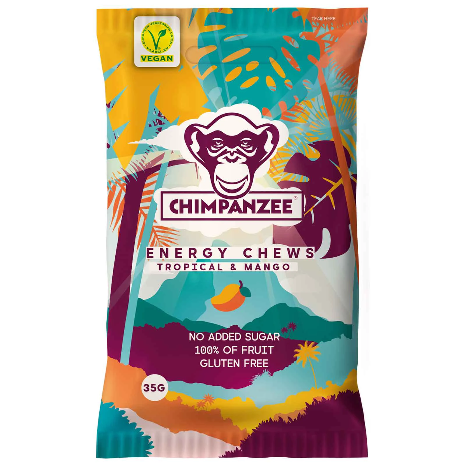 1. Chimpanzee - jeleuri gumate Energy Chews - mango fructe tropicale - plic 35g