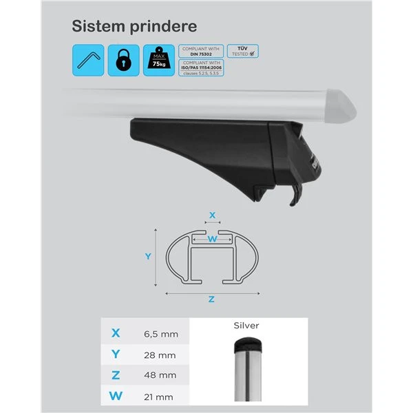 7. Bare transversale Menabo Tiger Silver XL pentru Hyundai Maxcruz (DM) 2012-2018