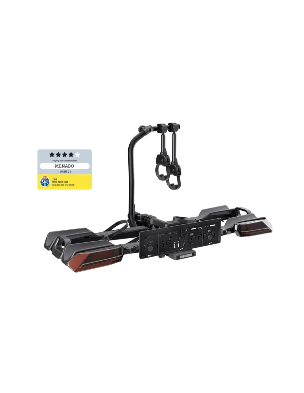 1. Suport biciclete Menabo Orbit 2 pentru 2 biciclete, cu chingi si lumini LED, prindere pe carligul de remorcare