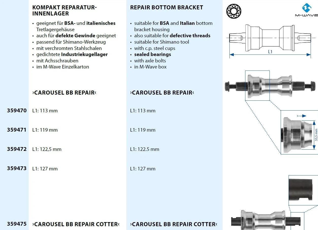 2. Monobloc Pedalier M-WAVE CAROUSEL BB REPAIR 122.5 mm