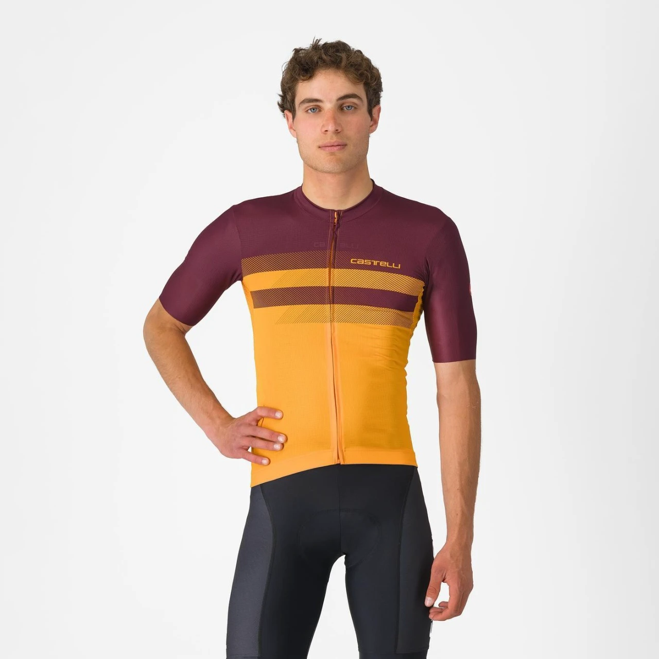 1. Tricou cu maneca scurta Castelli Simbolo, pentru barbati, portocaliu aprins/visiniu inchis, M