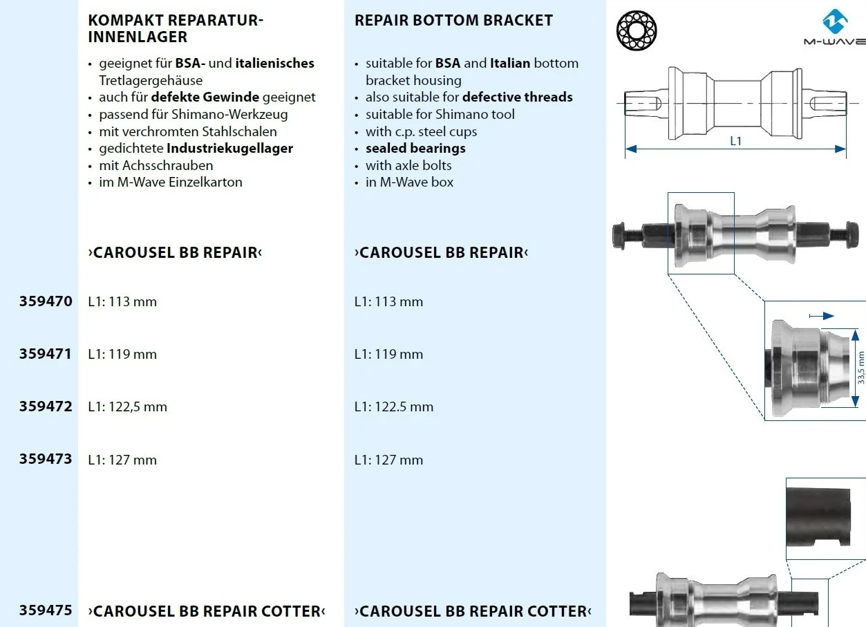 4. Monobloc Pedalier M-WAVE CAROUSEL BB REPAIR 122.5 mm