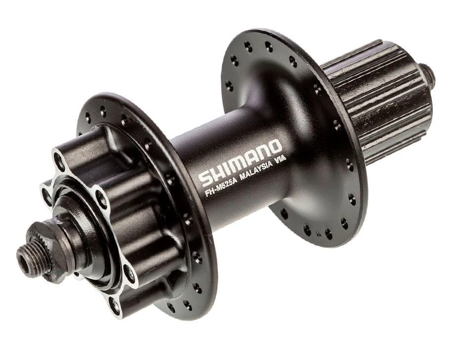 1. Butuc spate Shimano Deore FH-M525A-L, 8/9/10/11, disc 6 suruburi, 32H, Negru, Logo Shimano, OLD 135mm, ax 146mm, QR 168mm