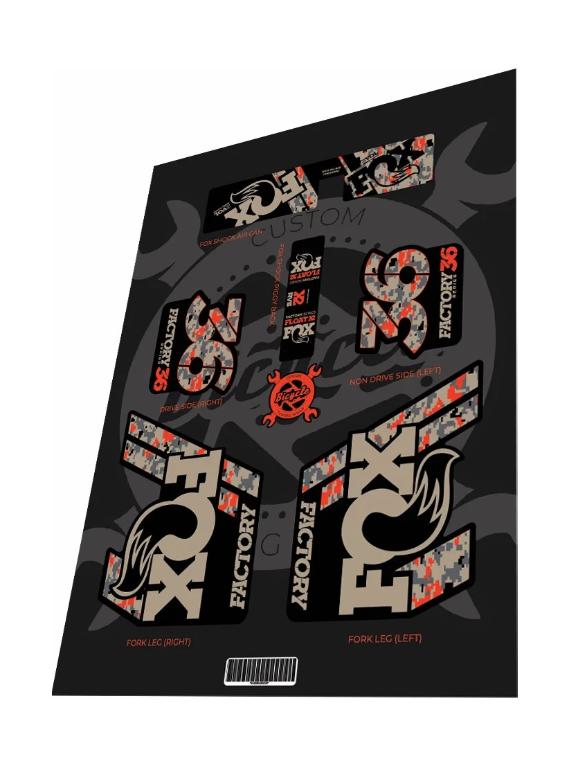 1. Set stickere adezive furca FOX Factory 36 si amortizor FOX Float X2 Camo Desert Pixel 2020