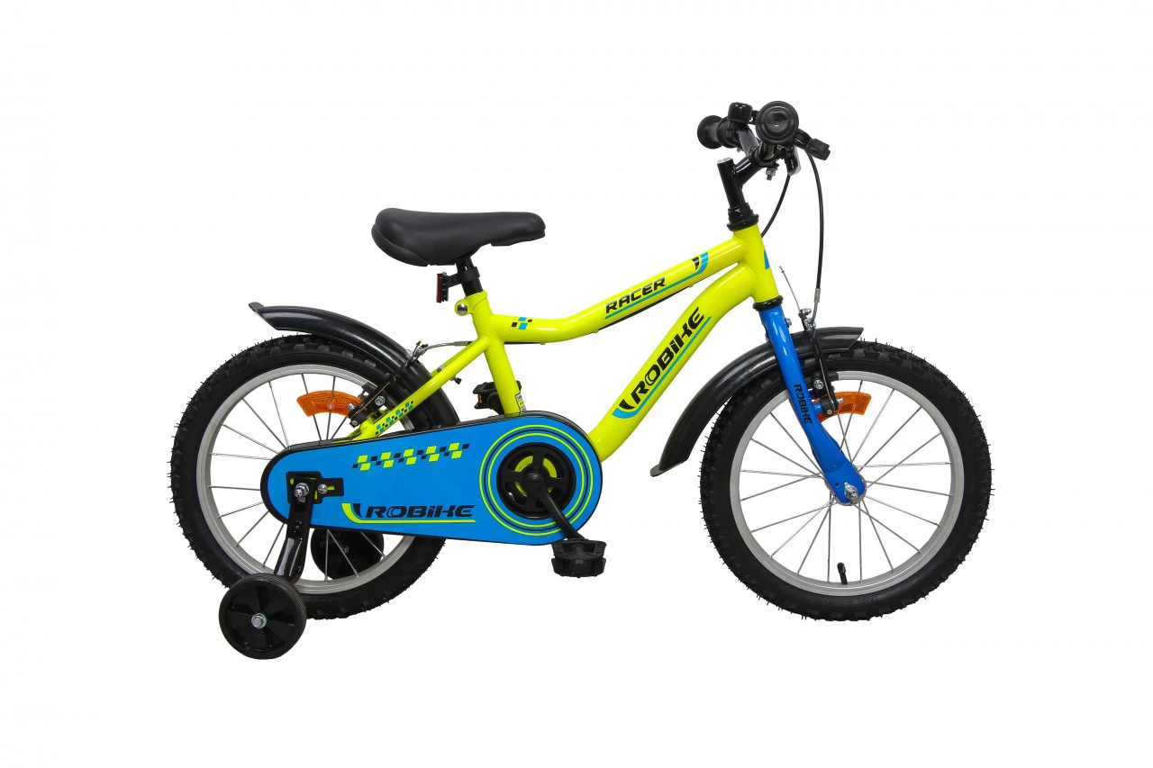 1. Bicicleta copii Robike Racer 16 Galben Neon/Albastru