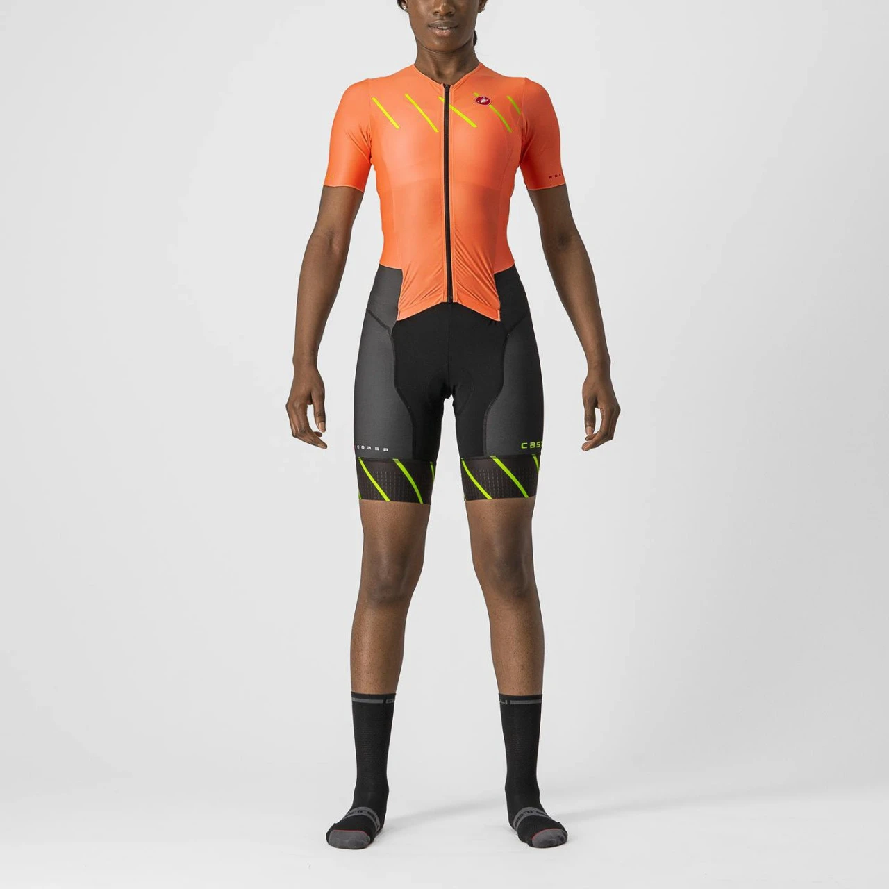 1. Costum de triatlon cu maneca scurta Castelli Free Sanremo W SS de dama Portocaliu/Negru