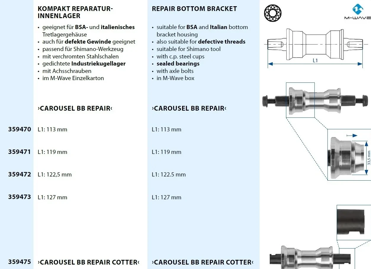 4. Butuc pedalier M-Wave Carousel BB Repair, 119 mm 119mm