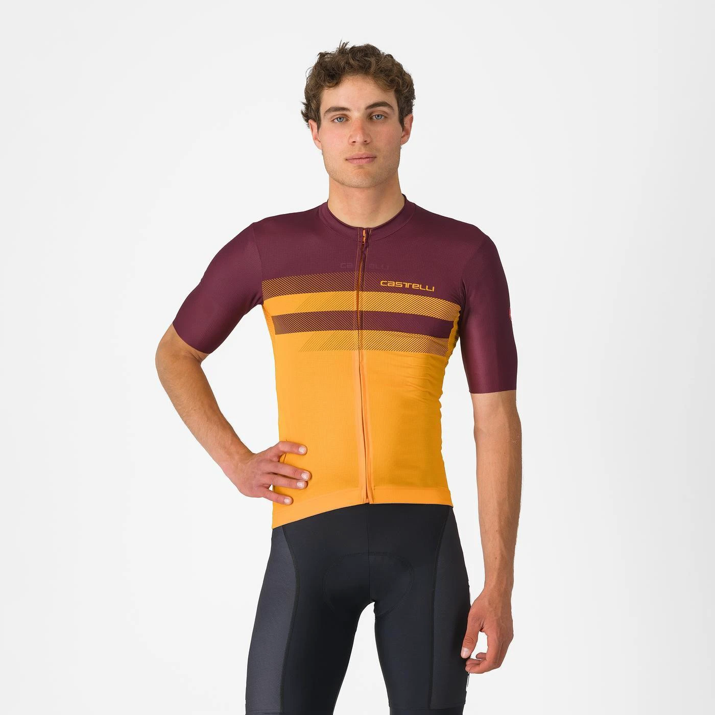 1. Tricou cu maneca scurta Castelli Simbolo, pentru barbati, portocaliu aprins/visiniu inchis, S