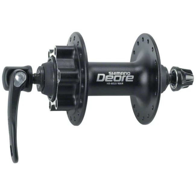 1. Butuc fata Shimano Deore HB-M525-A, disc 6 suruburi, QR, negru, 36H, OLD 100mm, ax 108mm, QR 133mm