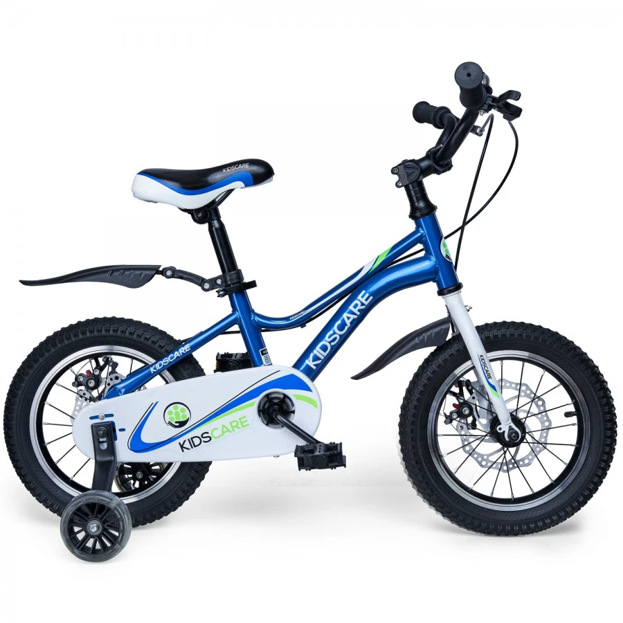 1. Bicicleta pentru copii 3-6 ani HappyCycles KidsCare, roti 14 inch, cu roti ajutatoare si frane pe disc, albastru