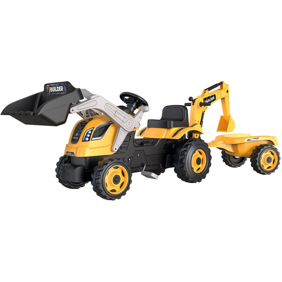 1. Tractor cu pedale si remorca Smoby Builder Max galben