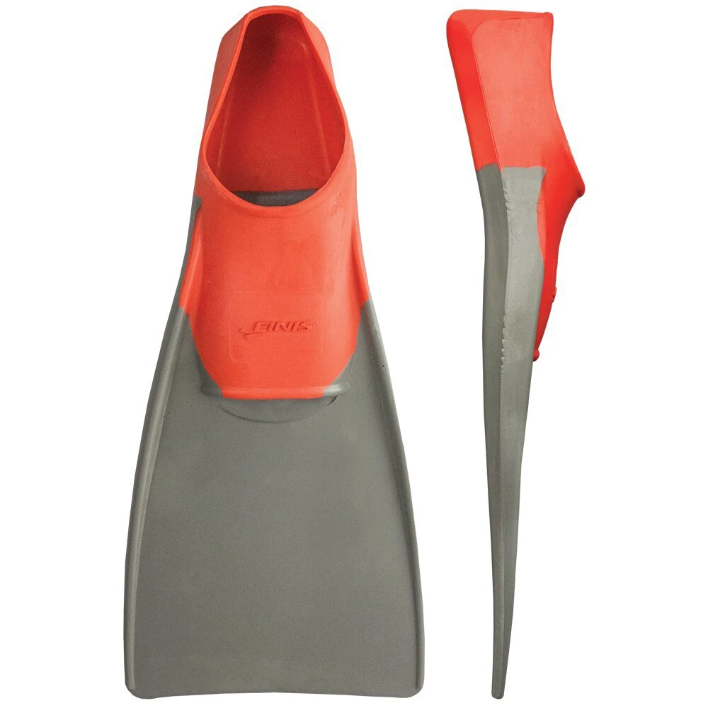 Labe FINIS Long Floating Fins mărimea L, roșu/gri, văzute din față și din profil