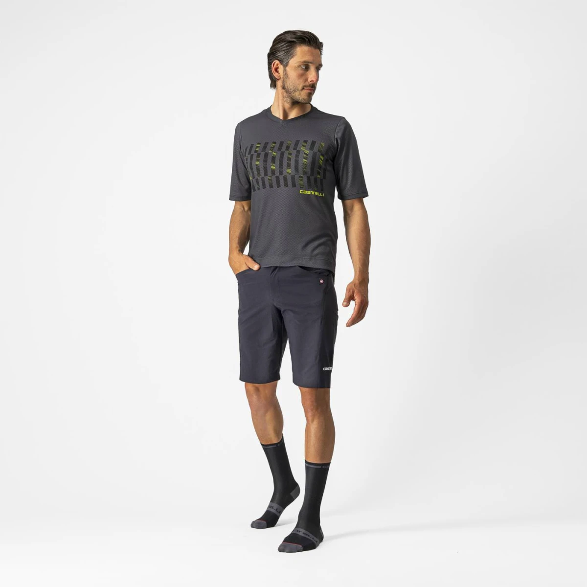 6. Castelli - tricou ciclism pentru barbati, maneca scurta Trail tech tee - antracit galben fluo