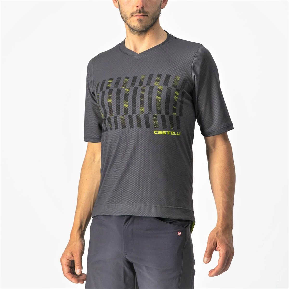 1. Castelli - tricou ciclism pentru barbati, maneca scurta Trail tech tee - antracit galben fluo