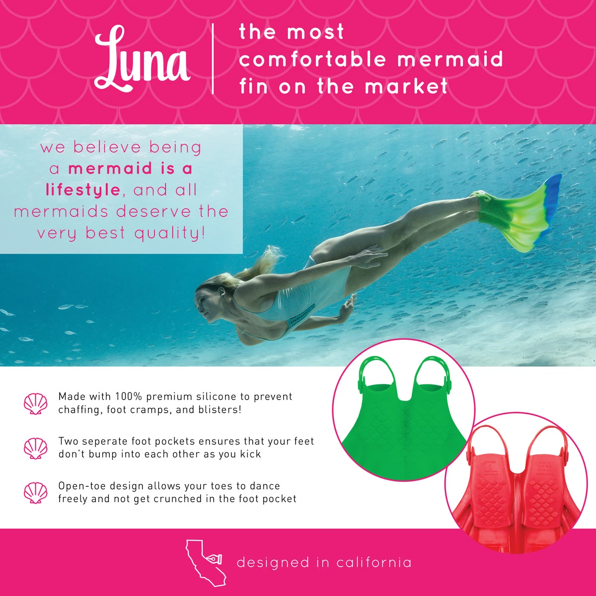 4. Finis - labe inot adulti Luna Monofin - roz inchis pepene verde fluo